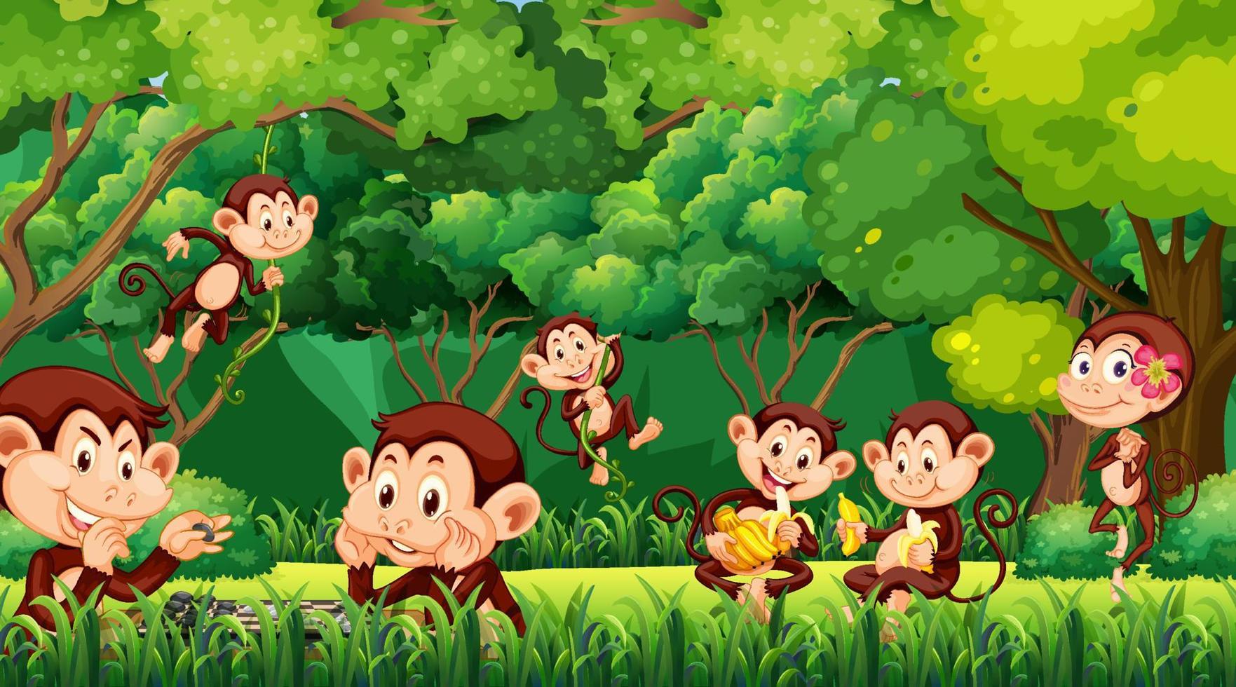 Escena del bosque con divertidos dibujos animados de monos vector