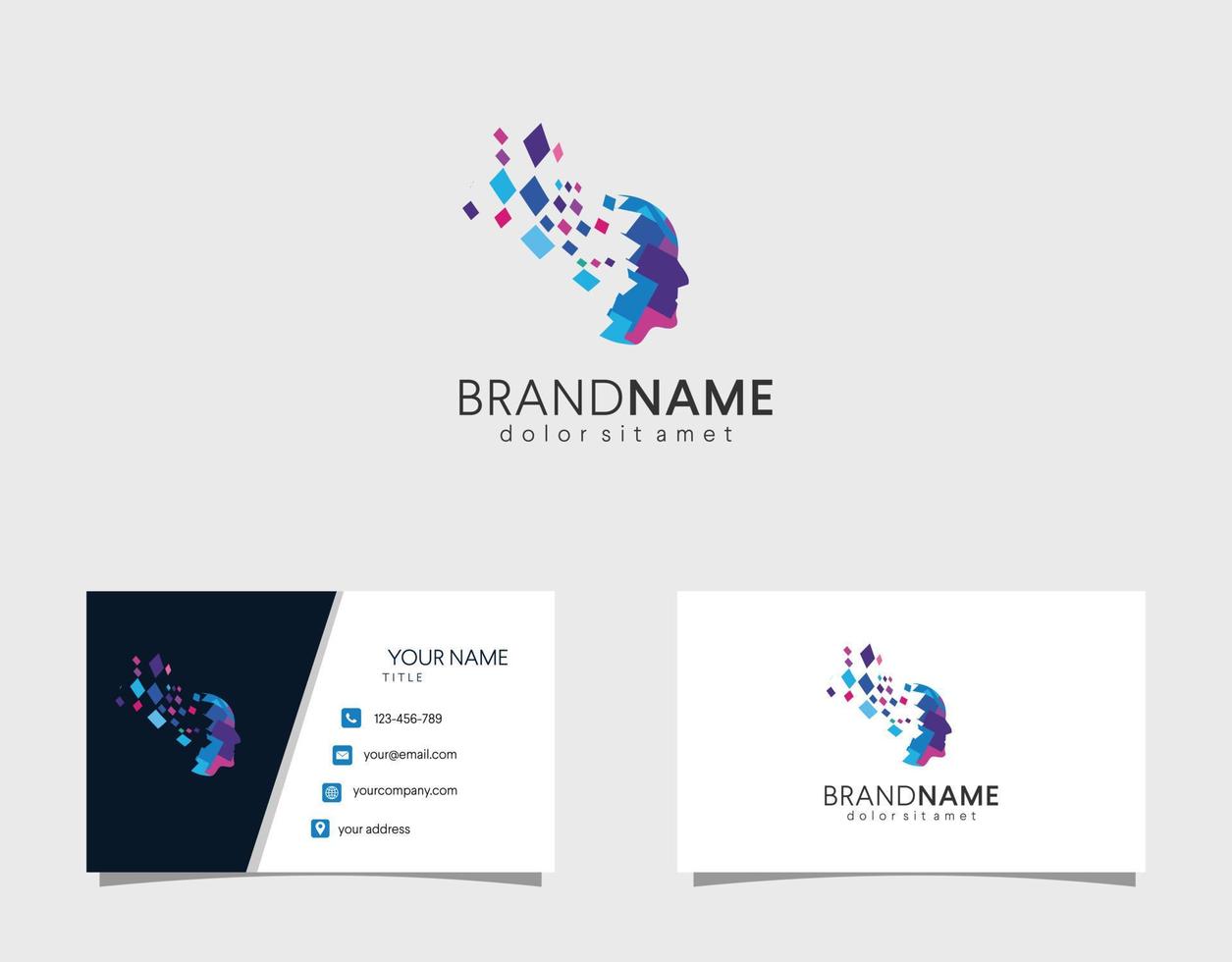 Head Tech logo brain design idea. Pixel Head logo concept vector. Robotic Technology mind Logo template design illustration with business card vector