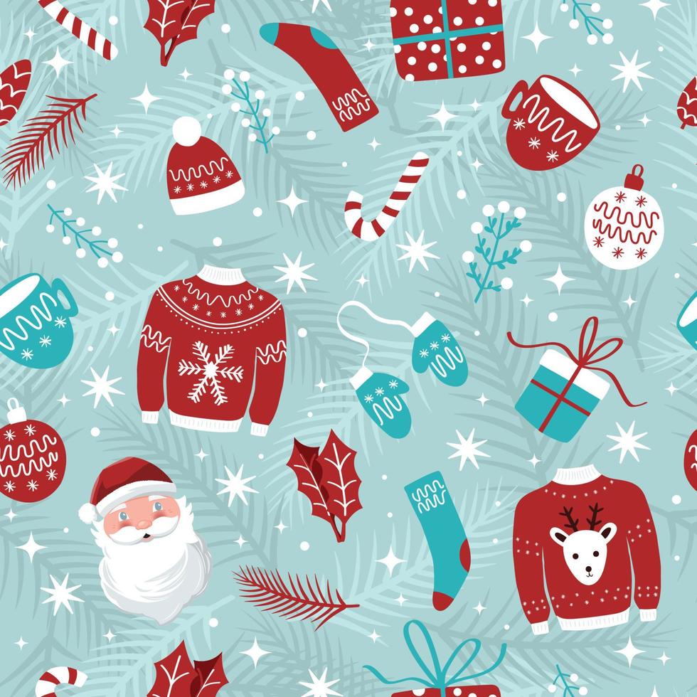 Christmas and New Year seamless pattern with hand drawn Santa Claus and holiday icons on light blue background with stars and snow. Colorful festive illustration vector