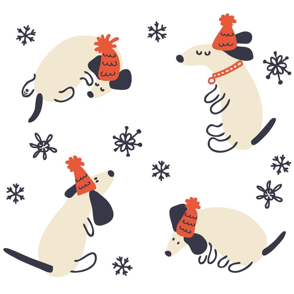 Winter dachshunds in hats hand drawn collection. vector