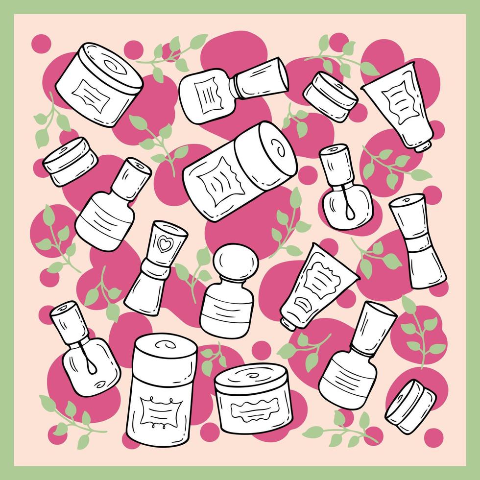 Doodle retro style cosmetic jars and leaves pattern. vector