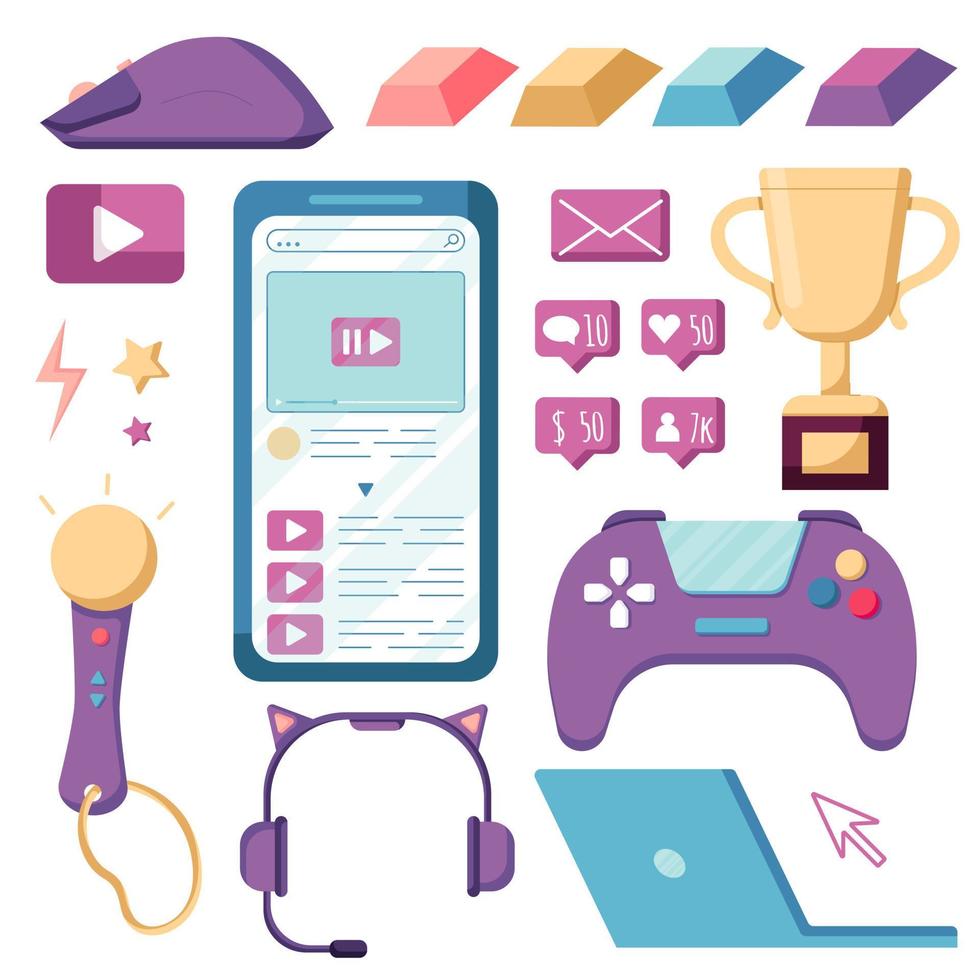 Video game streamer icon set in a flat style, isolated on a white background. Laptop, mouse, keyboard, headphones, and gamepad icon. vector