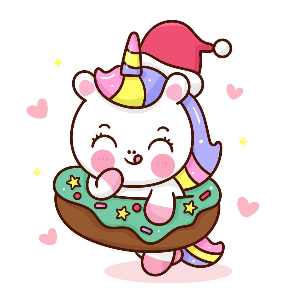 lindo, unicornio, santa, y, navidad, donut, kawaii, caricatura vector