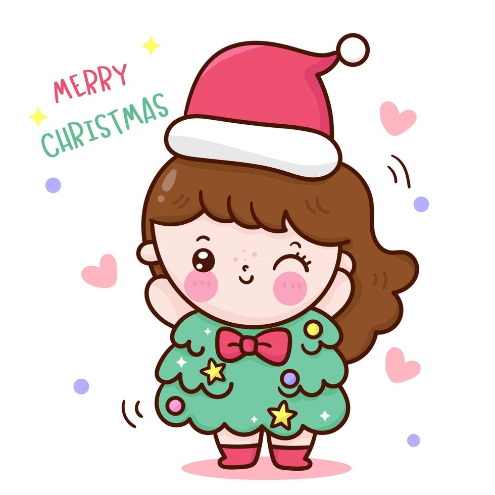 niña, santa, desgaste, árbol de navidad, vestido, kawaii, caricatura vector