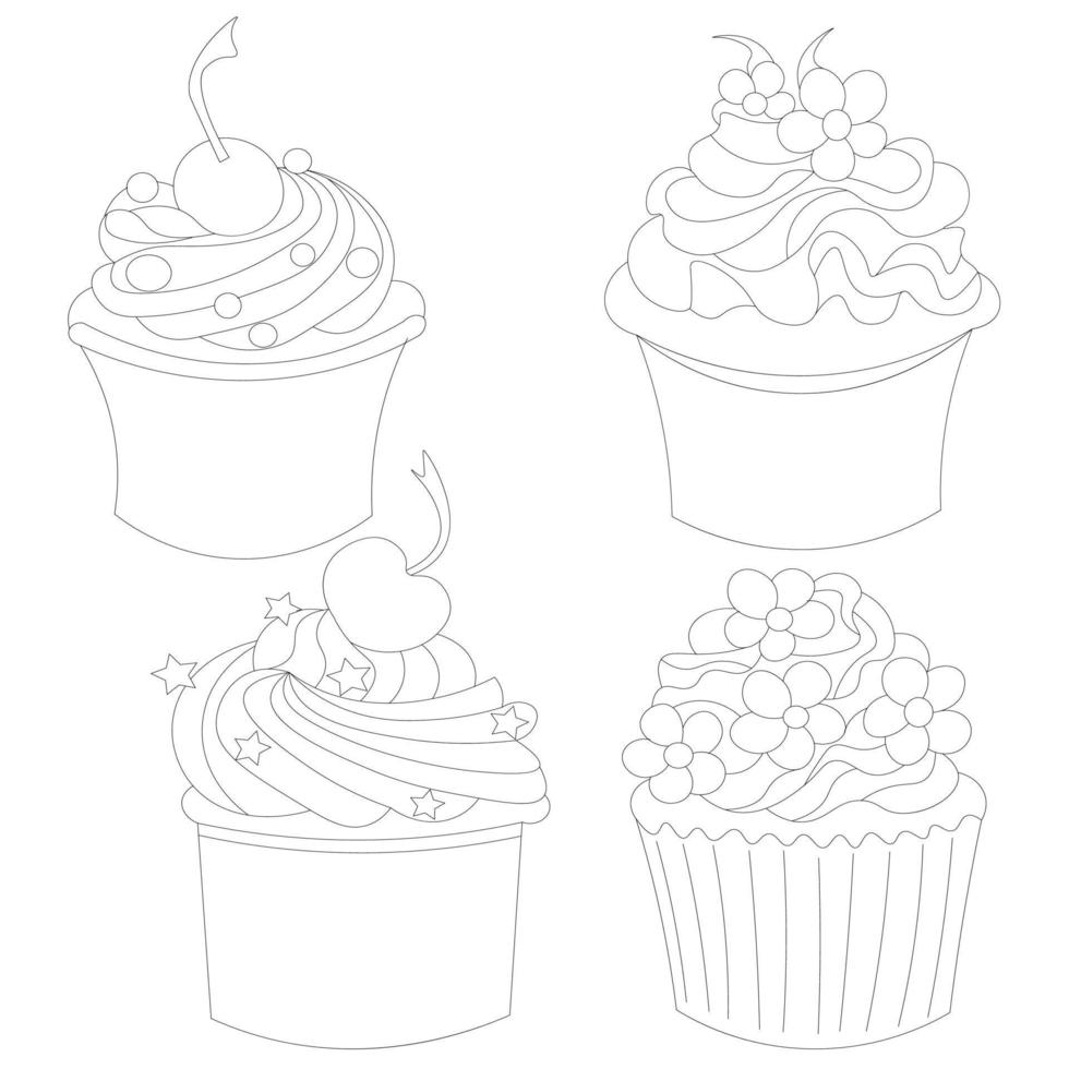 set of sketch drawings for sponge cakes, muffins and cream cakes for birthdays, Valentine's Day and other holidays. vector