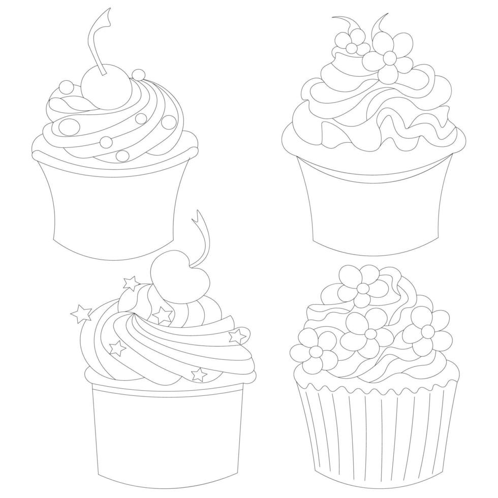 conjunto de dibujos de bocetos para bizcochos, muffins y pasteles de crema para cumpleaños, día de San Valentín y otros días festivos. vector