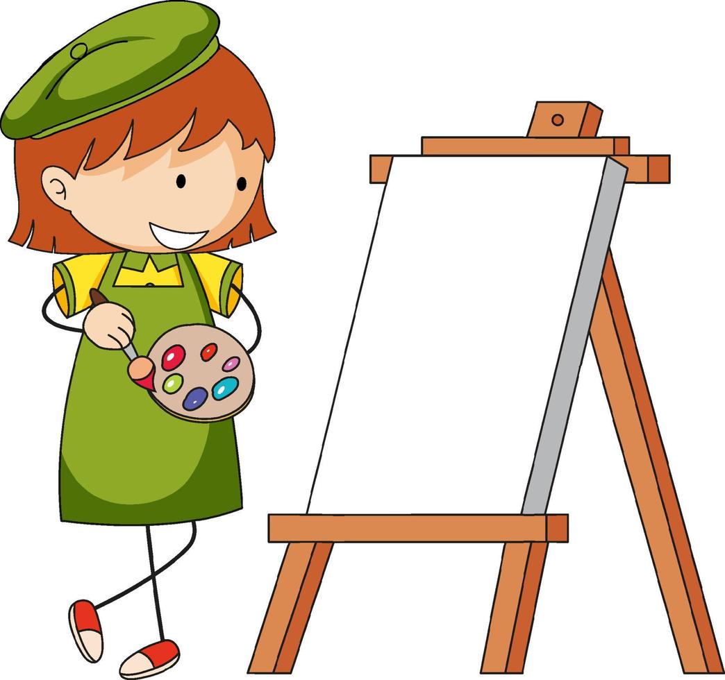 pequeño personaje de dibujos animados de artista con tablero en blanco aislado vector