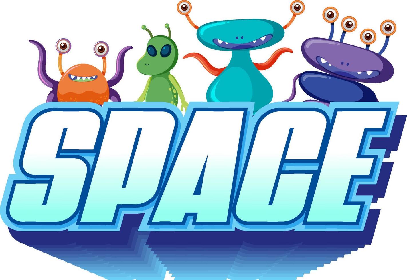 Space word design with alien cartoon character vector