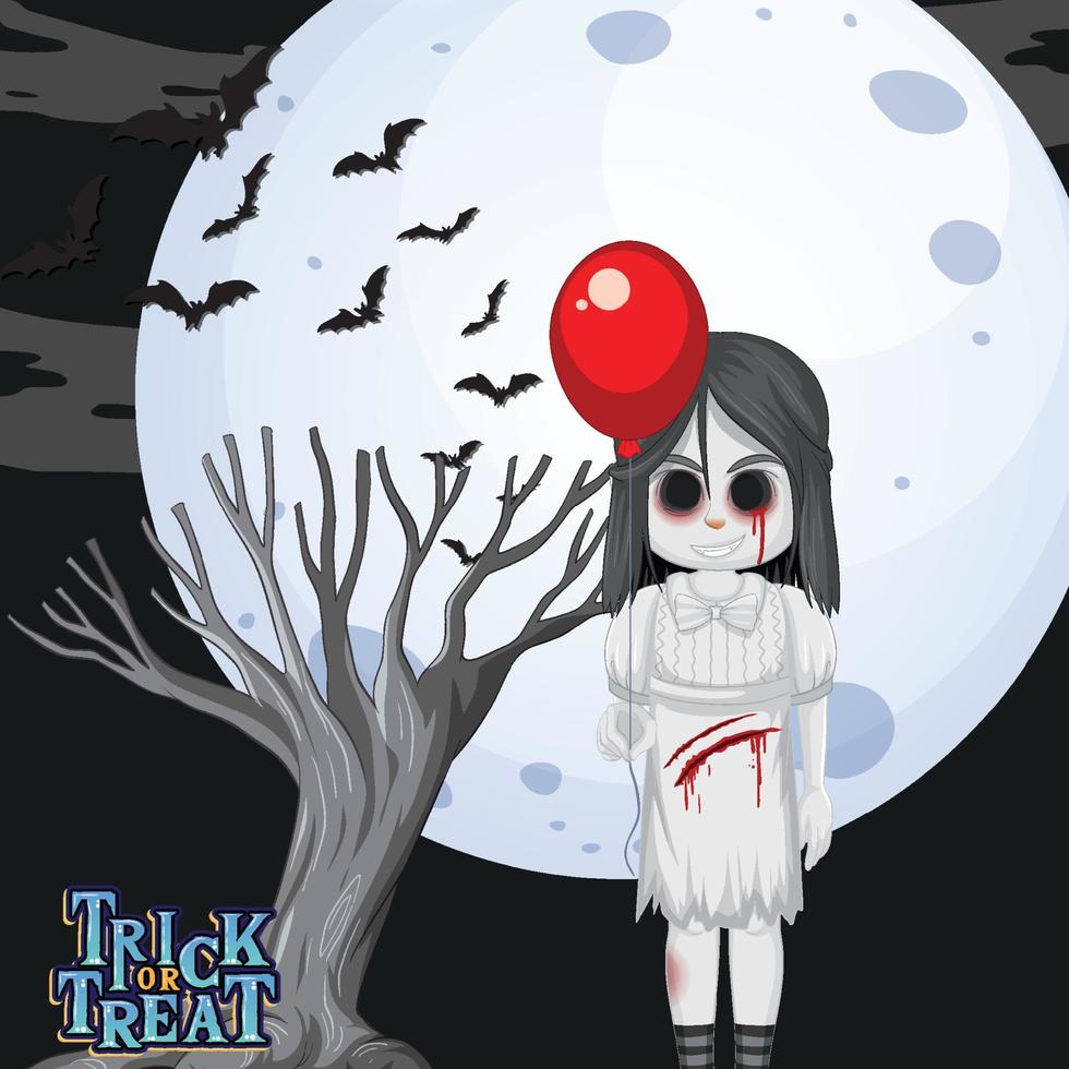 Ghost girl with black eyes on full moon background vector