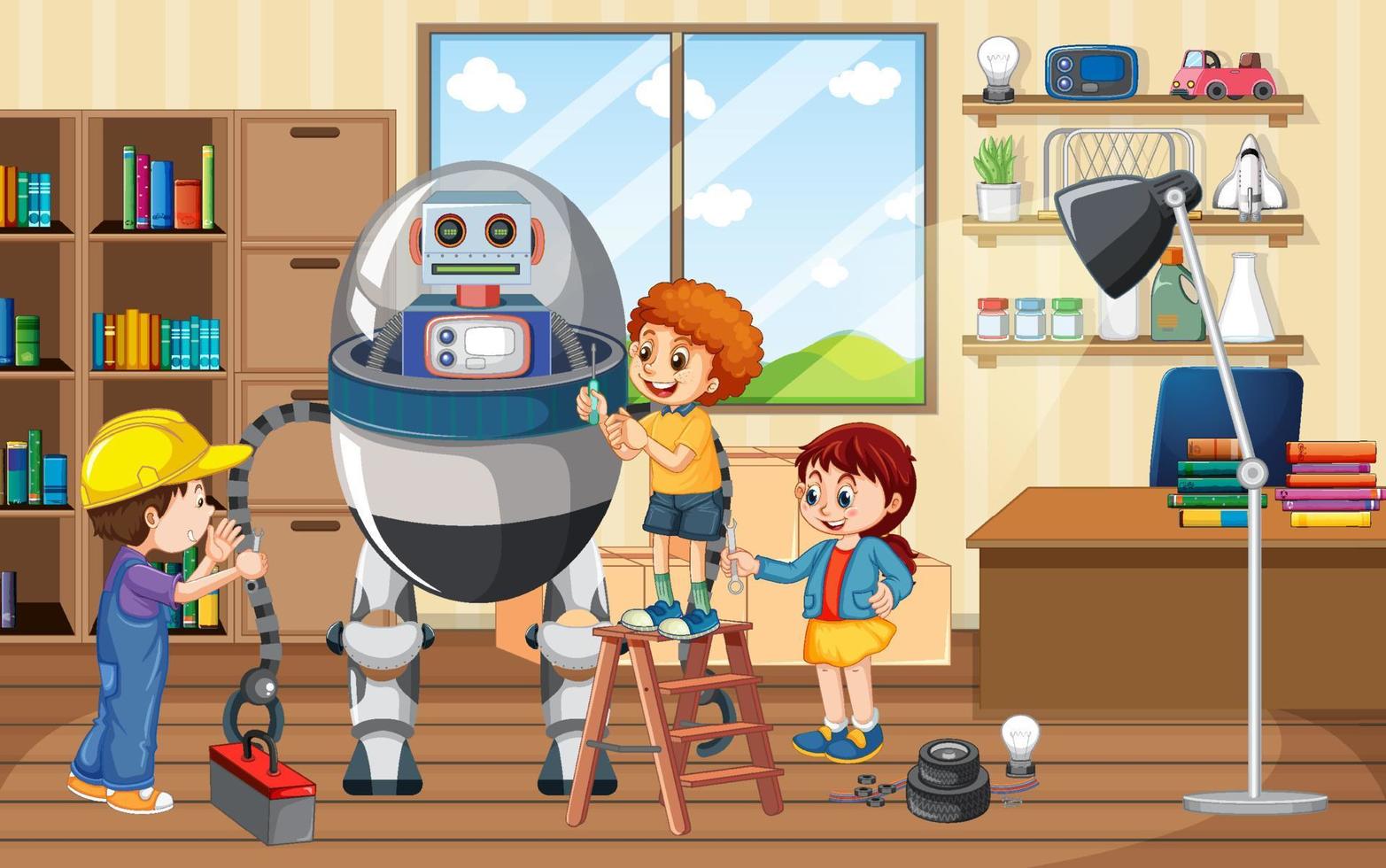 Children building a robot together in the room scene vector