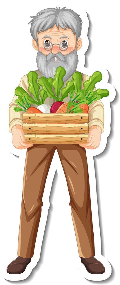 Sticker template with a gardener old man holds vegetable box isolated vector