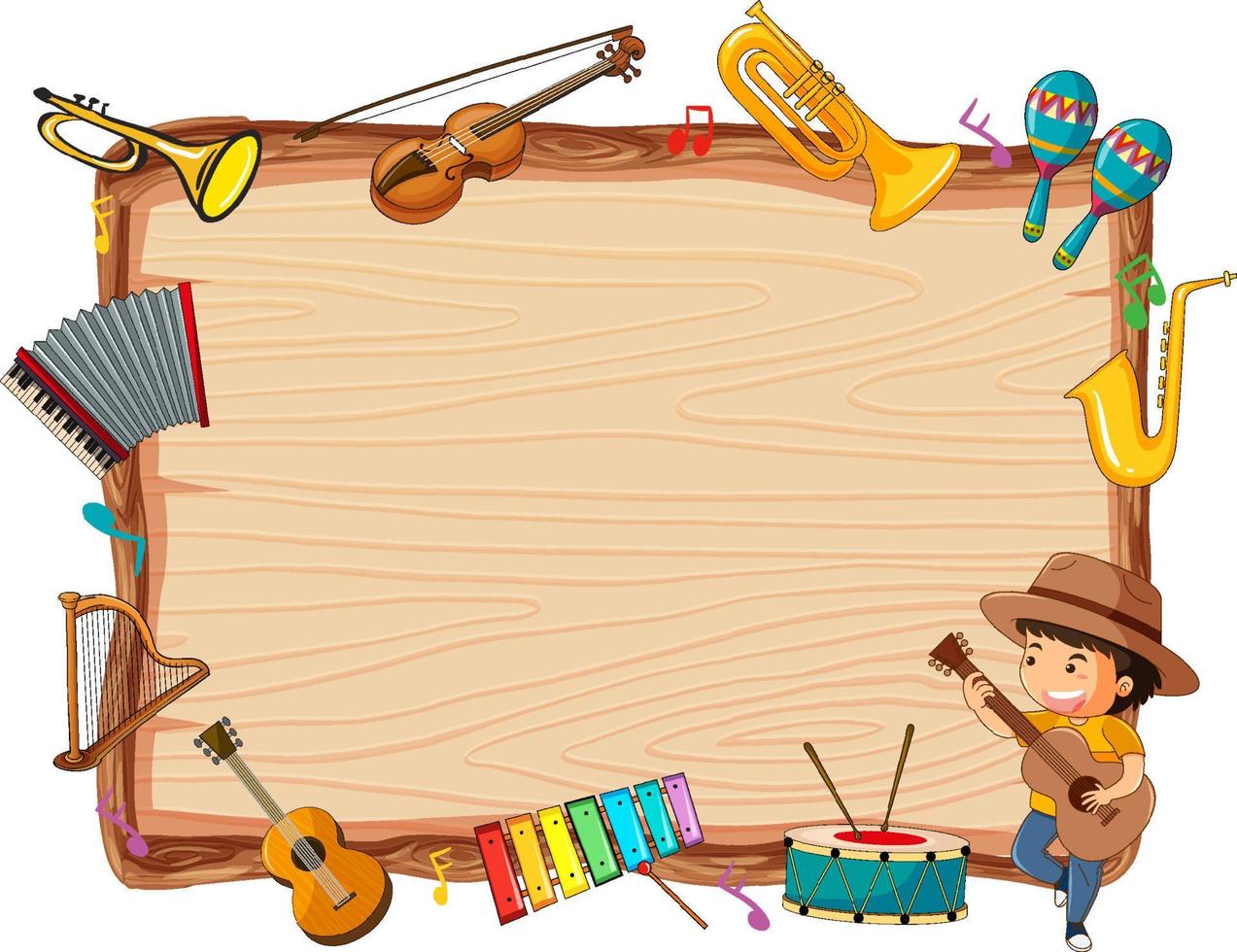 Empty wooden board with musical instruments vector