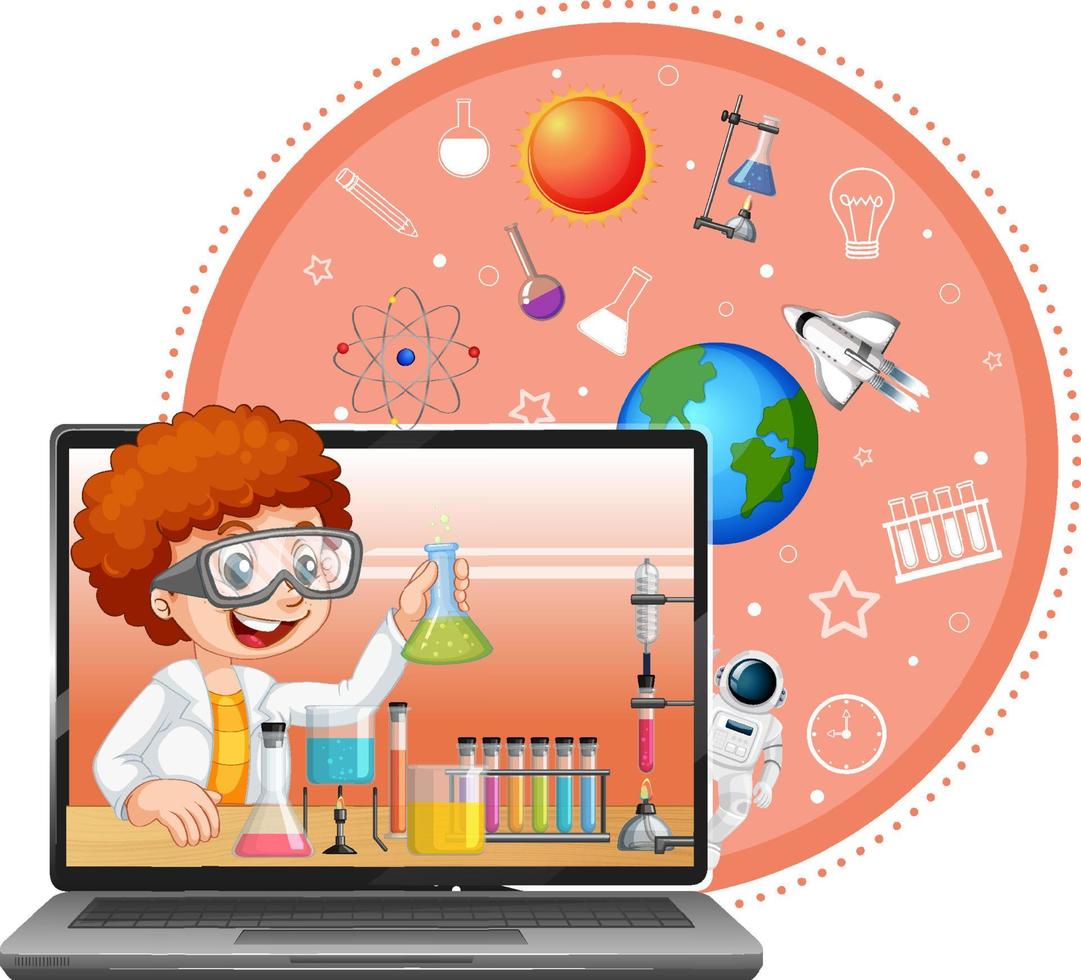 Laptop with scientist kid cartoon character vector