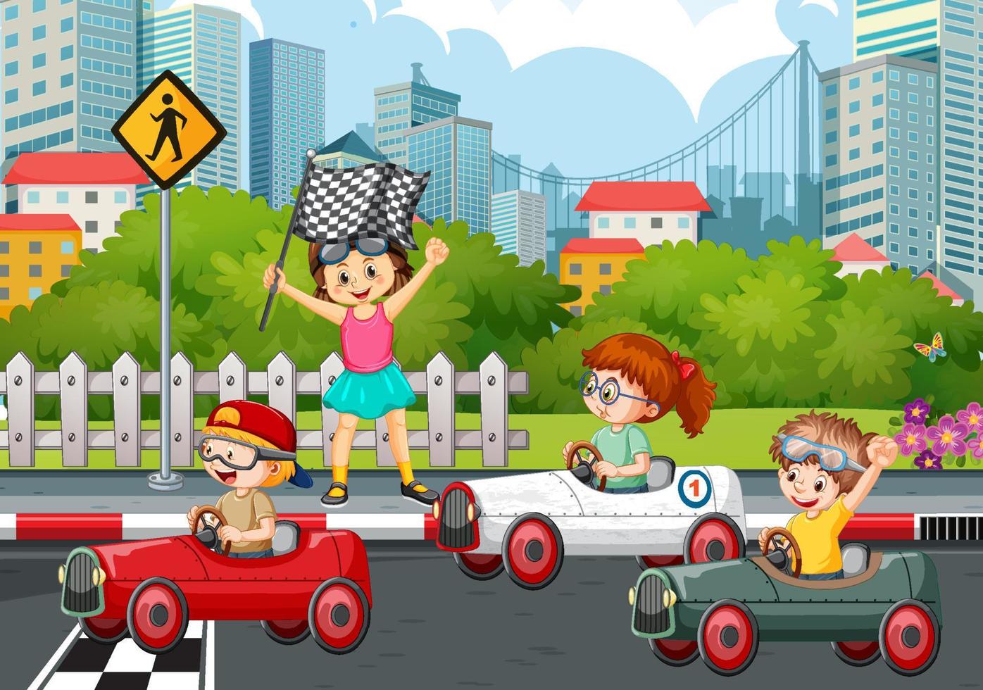 Park scene with children racing car vector