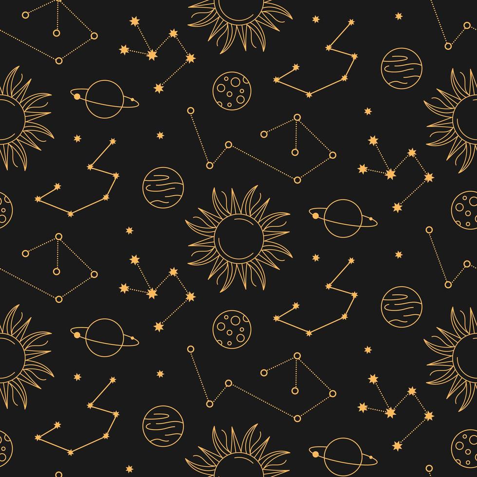 Celestial constellations astrological golden seamless pattern on dark background vector