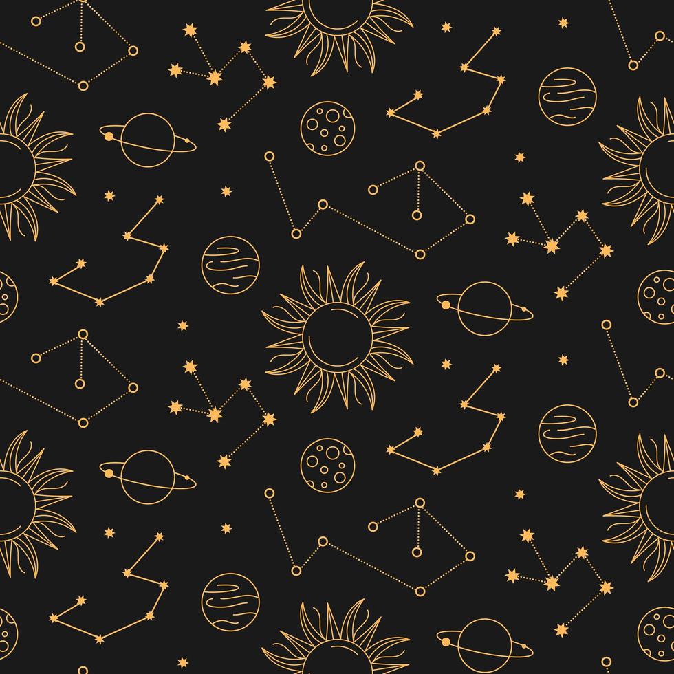 Celestial constellations astrological golden seamless pattern on dark background vector