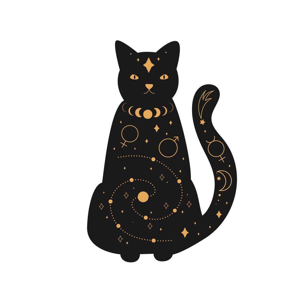 gato mágico negro, símbolo esotérico de la luna creciente mística, elementos de la constelación. mascota negra bruja vector