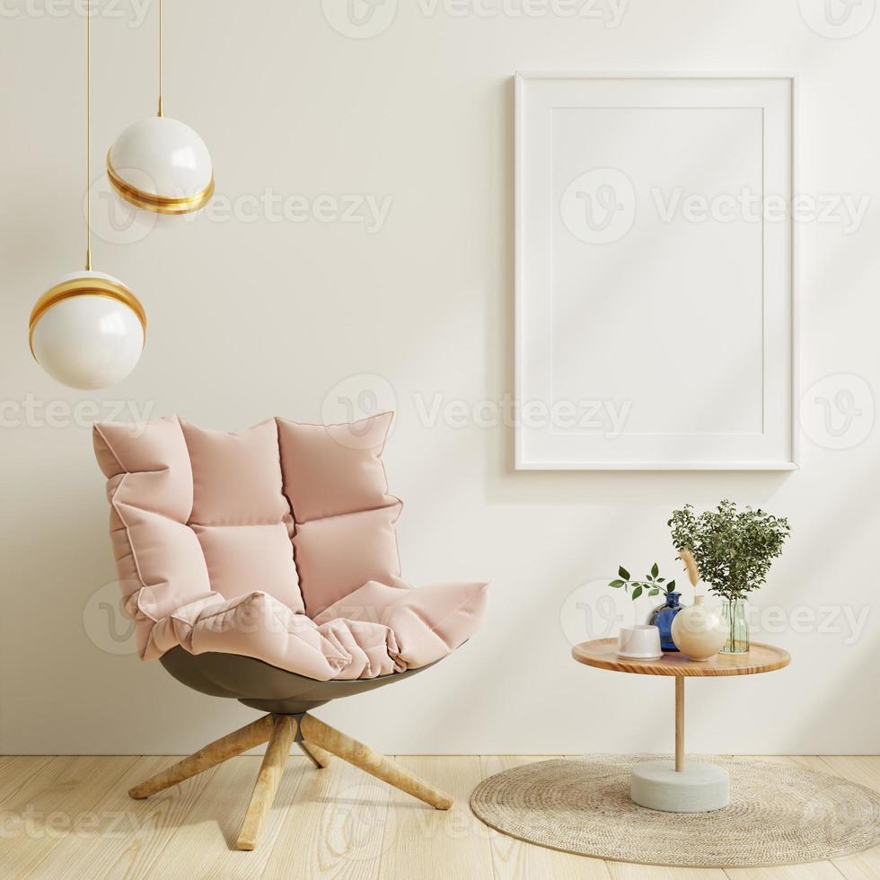 Poster mockup with vertical frames on empty white wall in living room interior with pink velvet armchair. photo