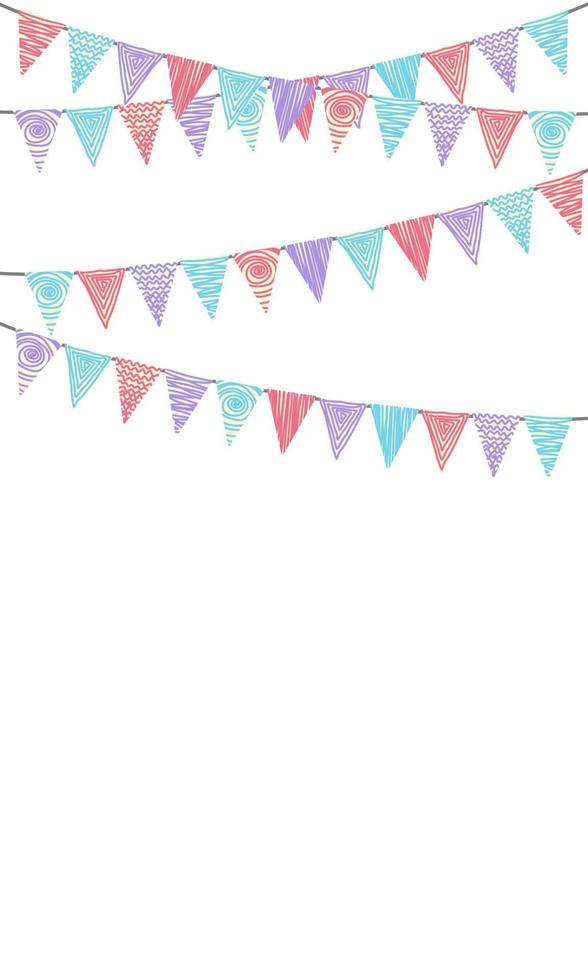 Part decorating concept with colorful  pennants hanging above. Vector illustration with copy space for your text. Greeting or Party invitation with carnival flag garlands.