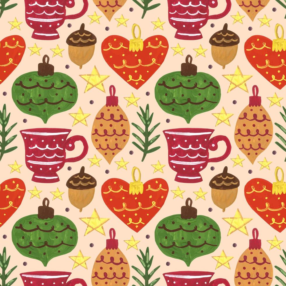 Winter holiday hand drawn seamless pattern background Merry Christmas and Happy New Year Christmas tree decoration arcon herbs cup wrapping paper packaging design vector