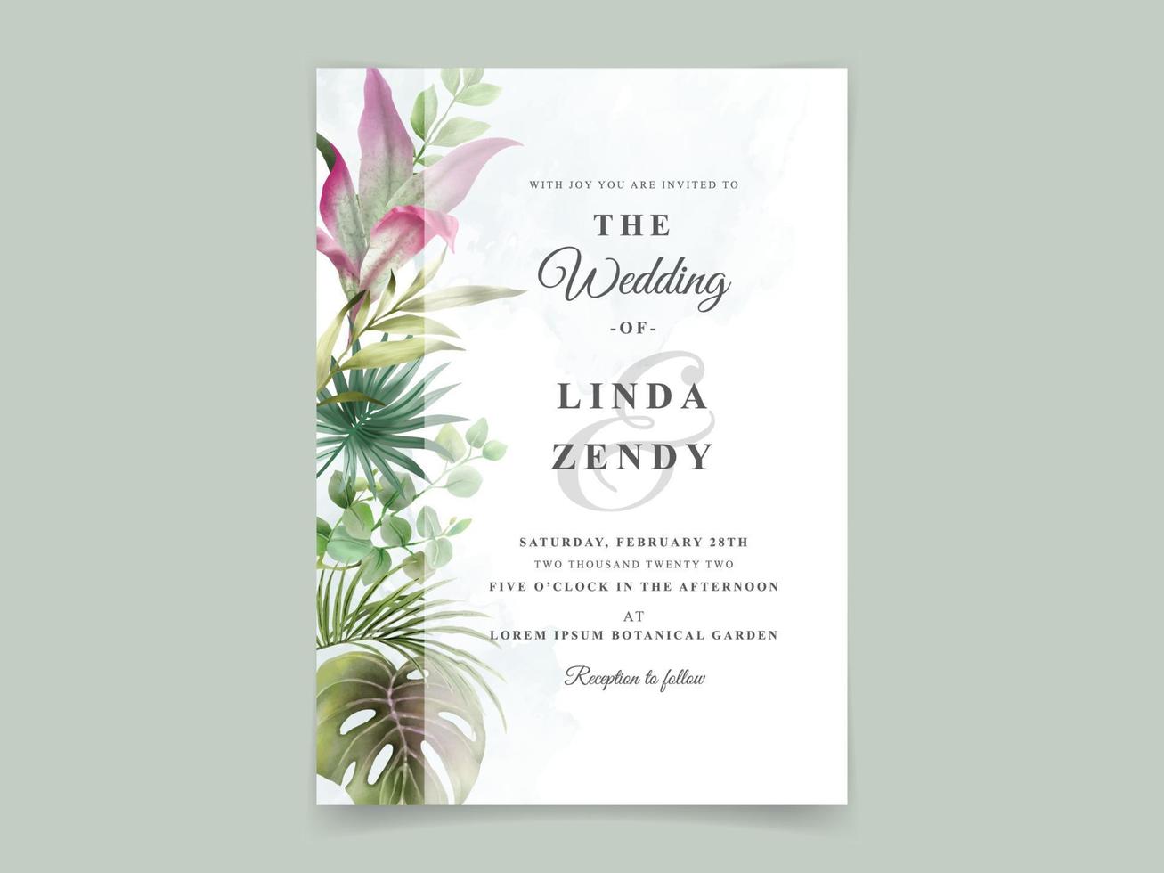 Elegant hand drawn floral tropical wedding invitation template vector