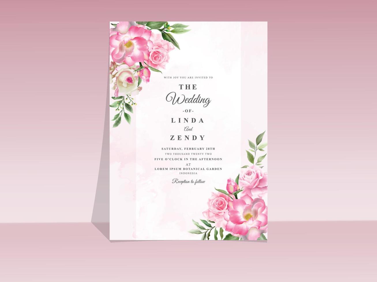 hermosa plantilla de invitación de boda rosa rosa dibujada a mano vector