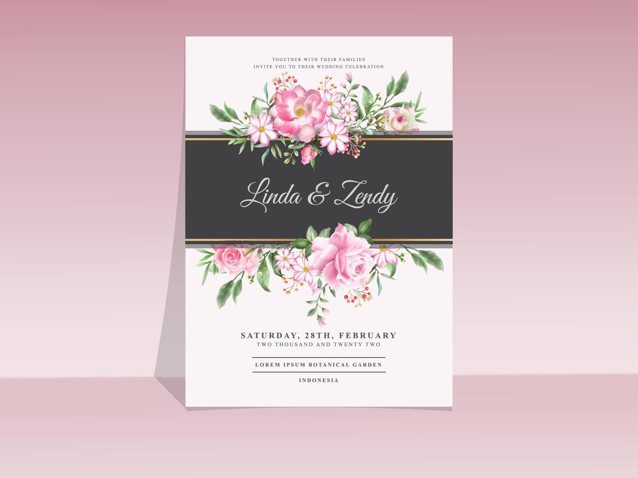Beautiful hand drawn pink rose wedding invitation template vector
