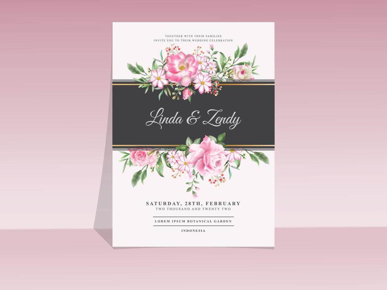 hermosa plantilla de invitación de boda rosa rosa dibujada a mano vector