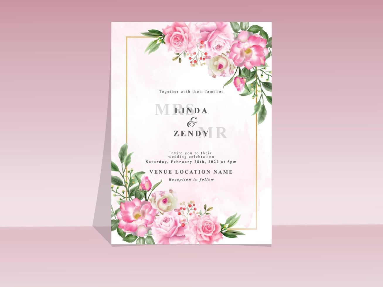 Beautiful hand drawn pink rose wedding invitation template vector