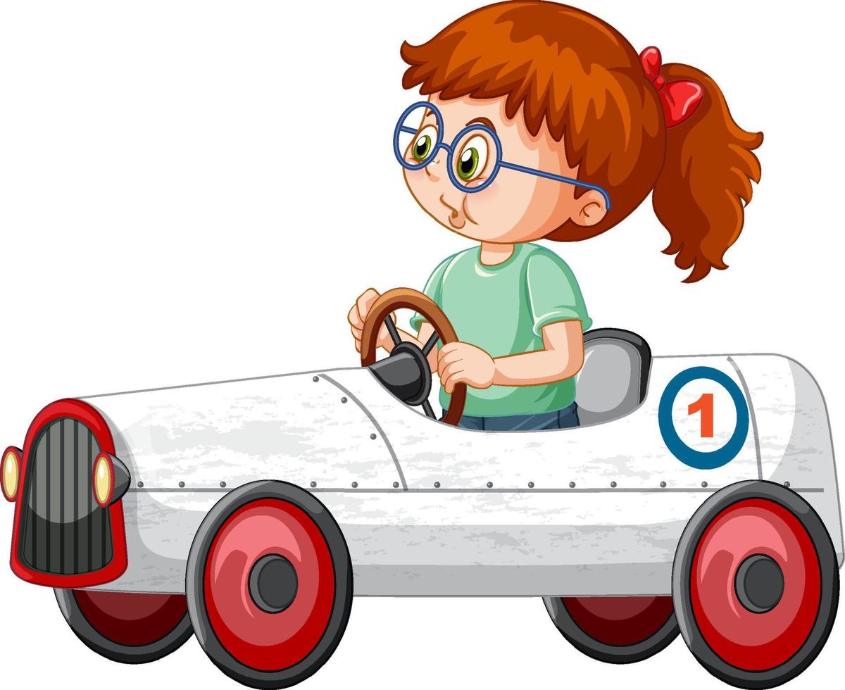 Una niña conduciendo un mini coche de juguete sobre fondo blanco. vector