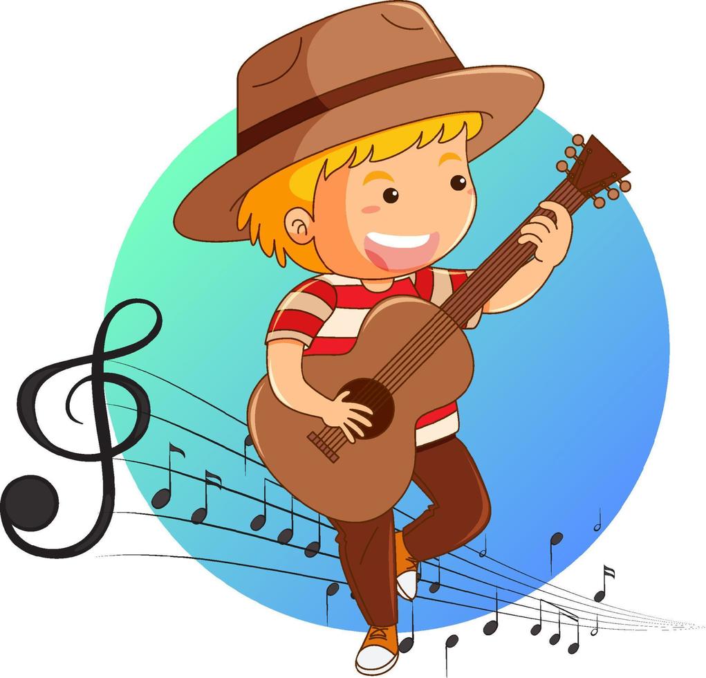 un niño usa sombrero y toca la guitarra con símbolos de melodía vector