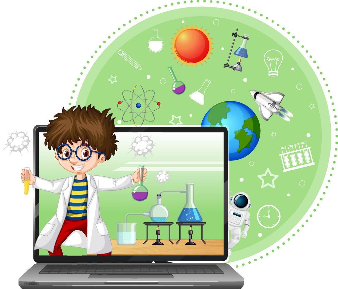 Laptop with scientist kid cartoon character vector