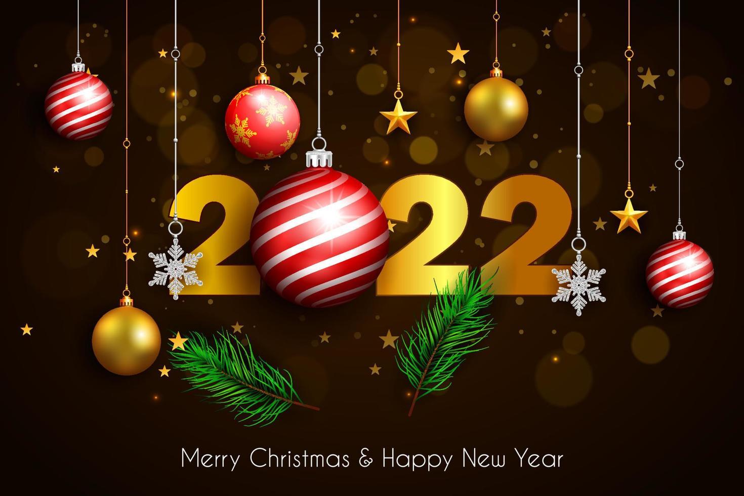 feliz navidad y próspero año nuevo fondo dorado brillante creativo con bolas de navidad y estrellas vector