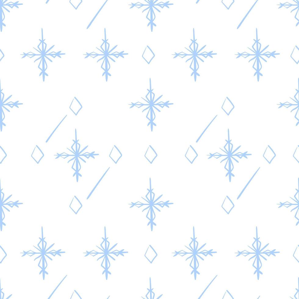Snowy seamless pattern with shape snowflakes and crystals line art. Background for wrapping paper vector