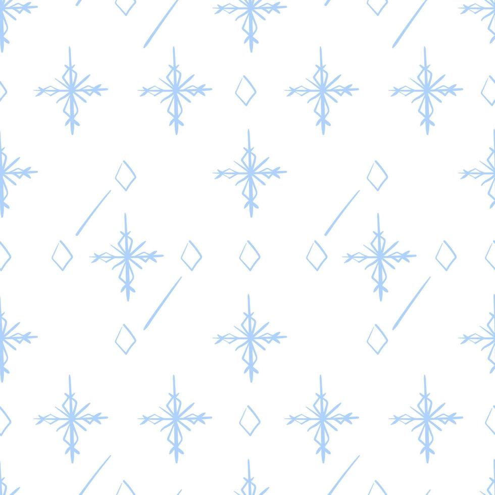 Snowy seamless pattern with shape snowflakes and crystals line art. Background for wrapping paper vector