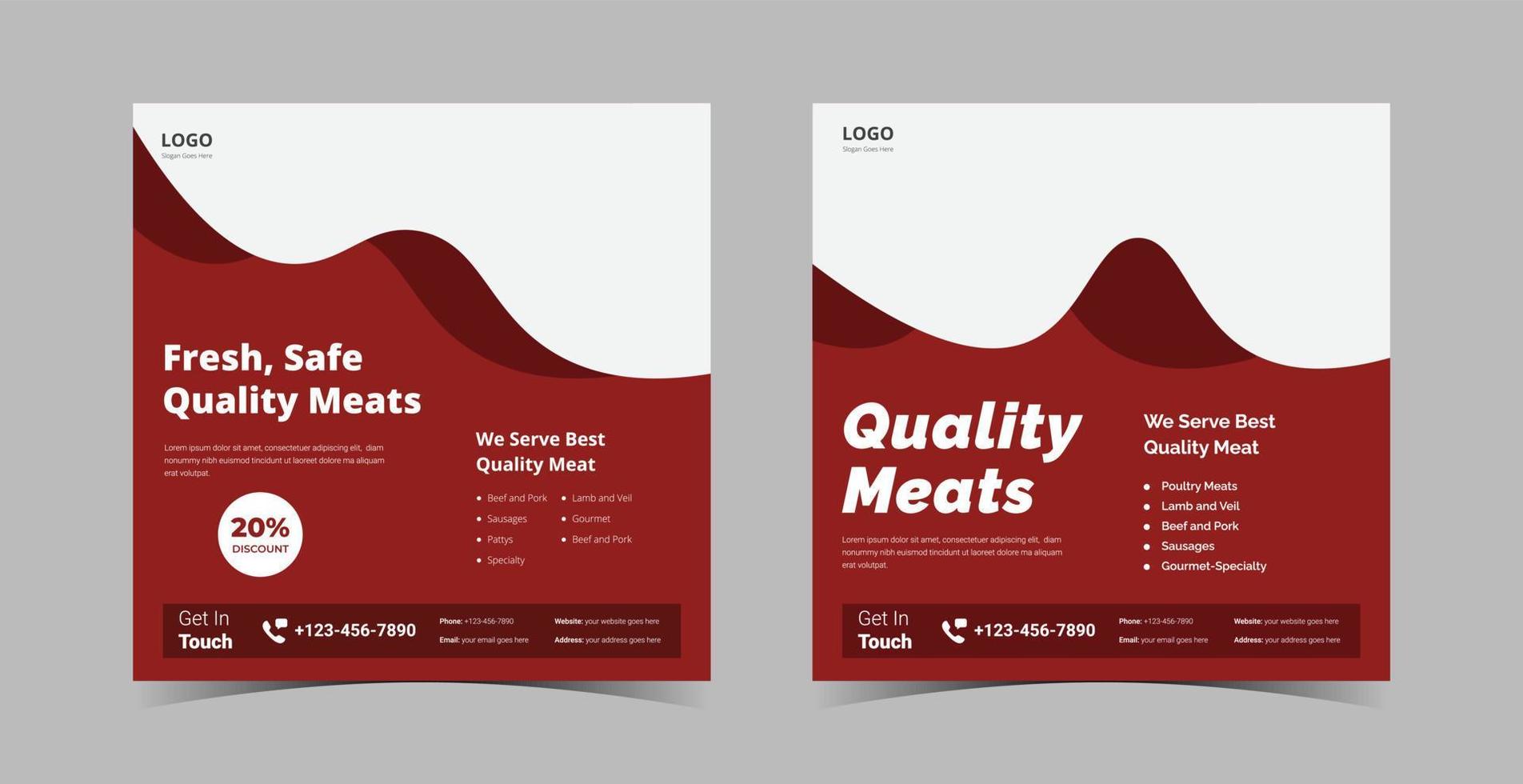 Plantilla de diseño de redes sociales de tienda de carne fresca. diseño de folleto de cartel de tienda de carne. plantilla de diseño de redes sociales del mercado de carne. vector