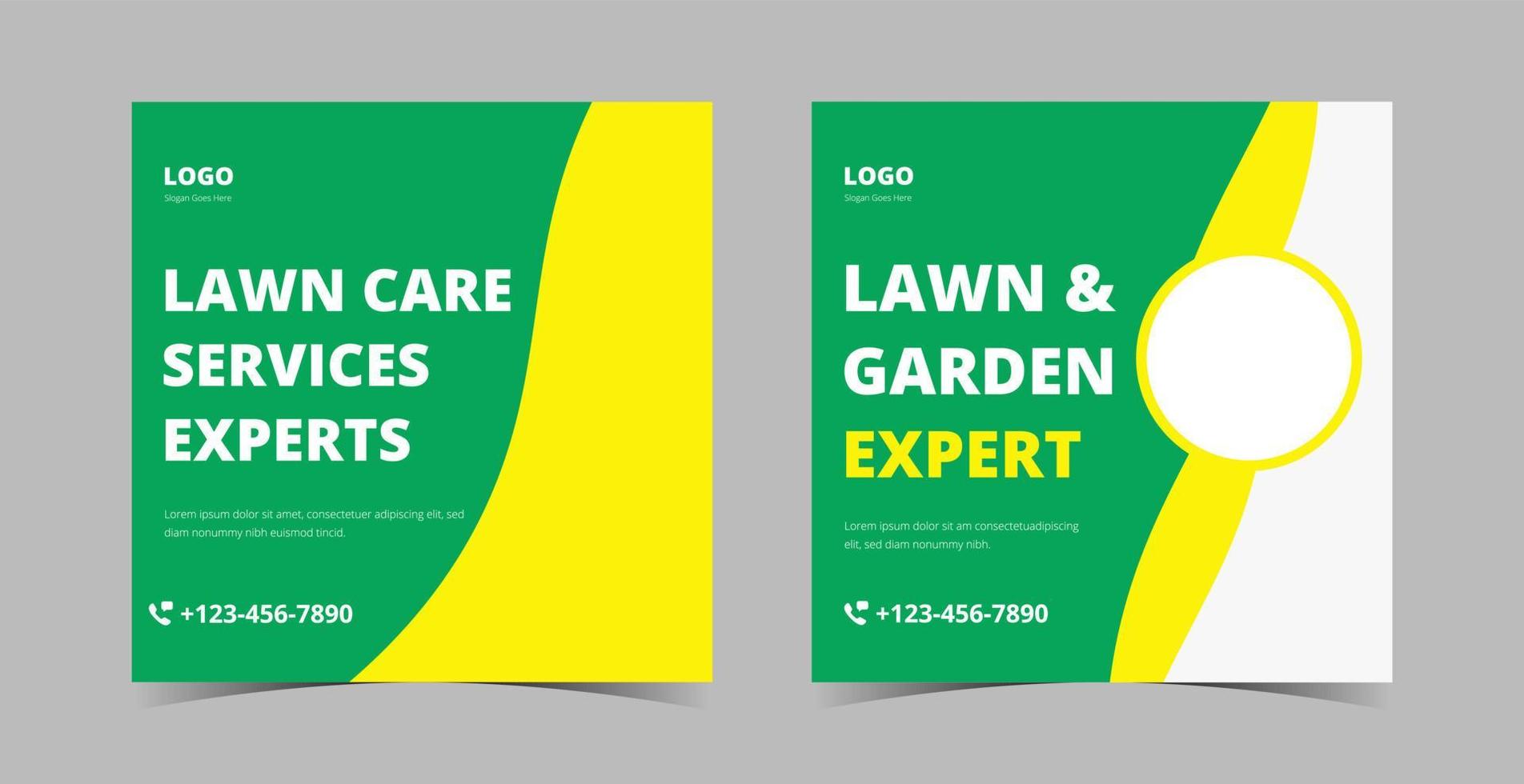 Lawn and gardening service social media design template. Tree and gardening service poster leaflet design. lawnmower social media template vector