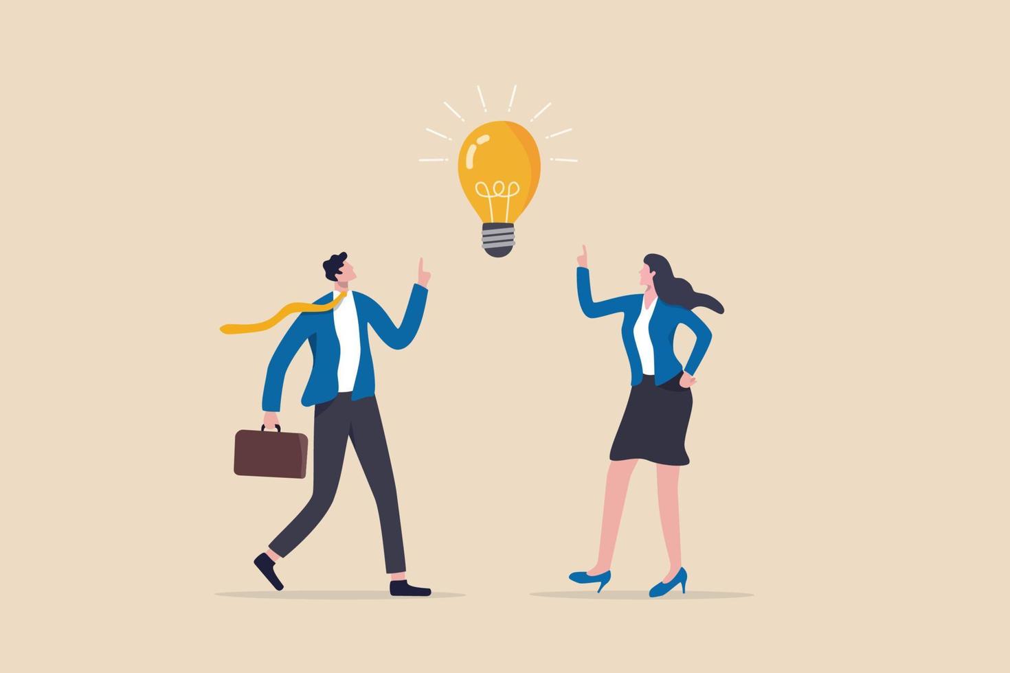 Bright idea to solve problem, business team brainstorm or thinking about new innovative idea, creativity or imagination concept, businessman and businesswoman thinking with bright lightbulb idea. vector