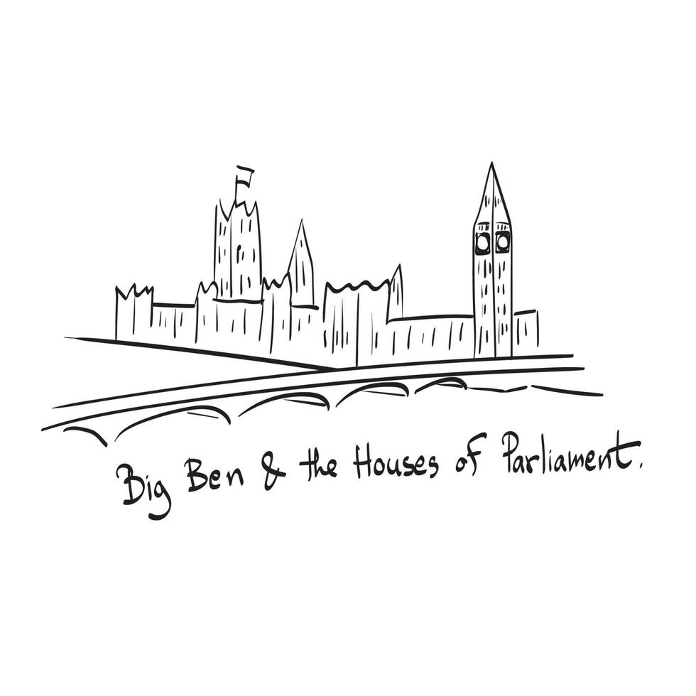 Big Ben y las casas del parlamento con el puente y el vector de ilustración del río Támesis aislado en el arte de línea de fondo blanco.