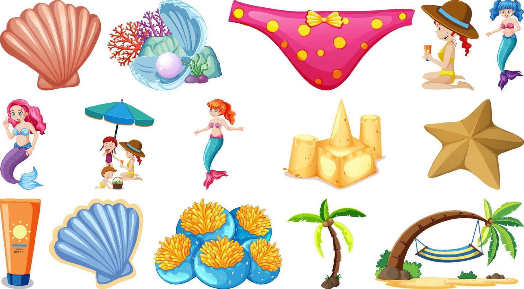 Set of summer beach objects and cartoon characters vector