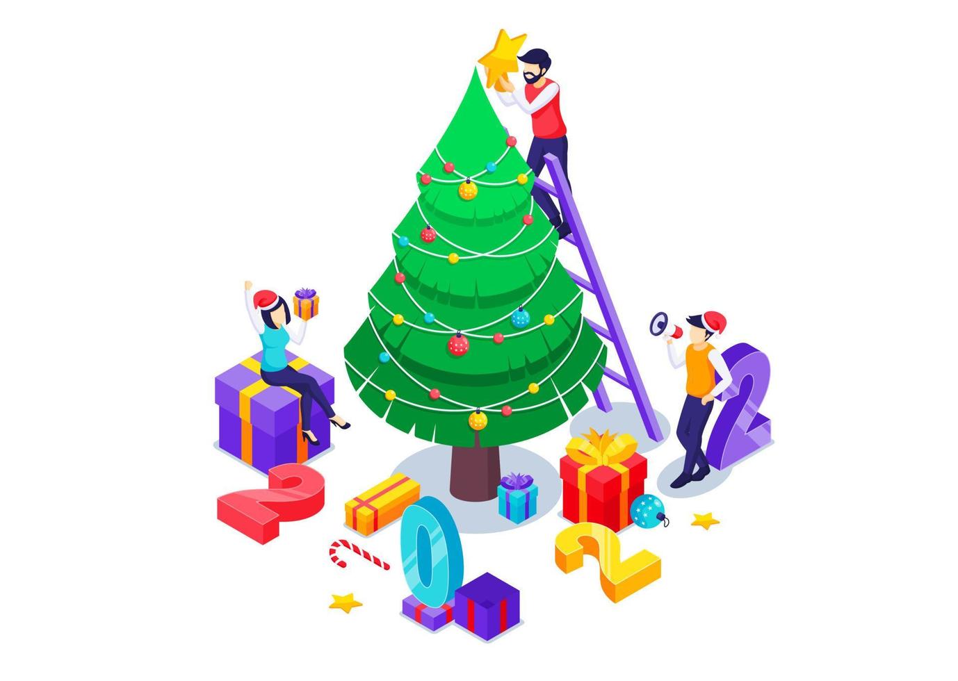 People engaged in decorating a Christmas tree and numbers 2022 prepare to Celebrate New Year and Merry Christmas. Isometric Vector Illustration