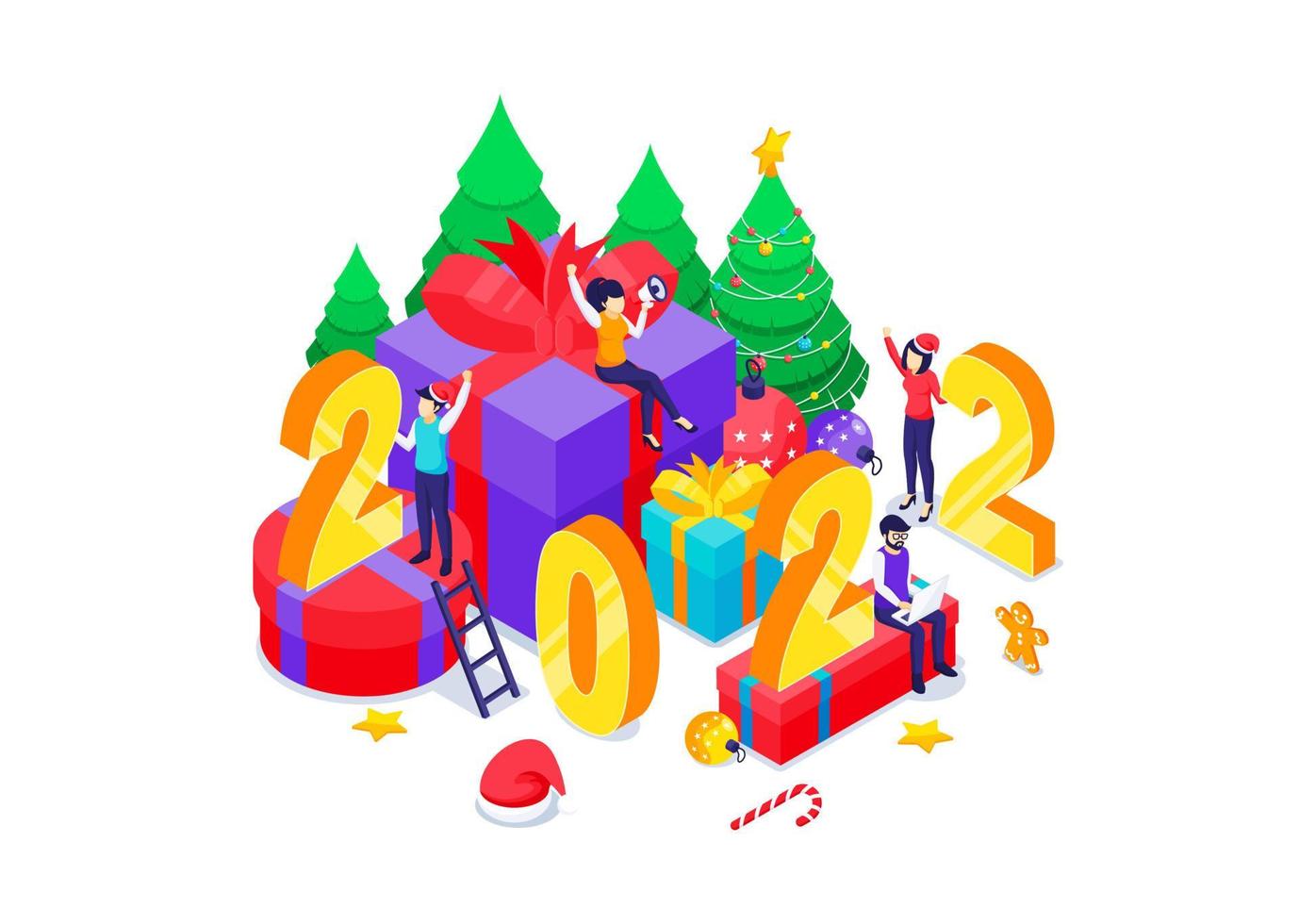 People with big gift boxes and symbols of numbers 2022 celebrate New year. Happy New year design concept. Isometric Vector Illustration