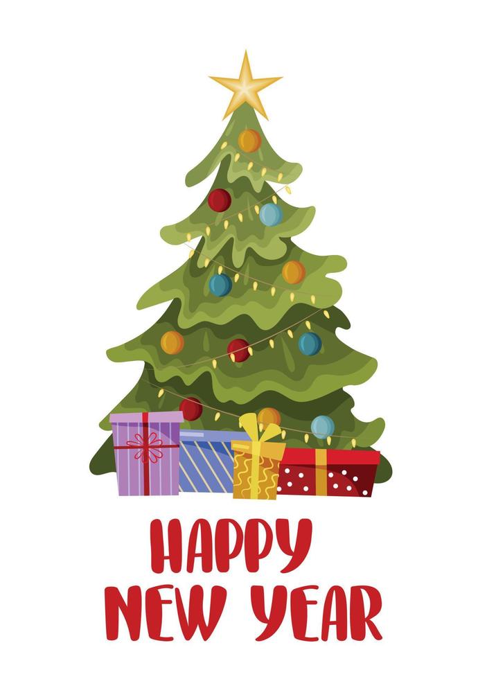 New Year greeting card. A Christmas tree with gifts and a handwritten inscription Happy New Year. Vector