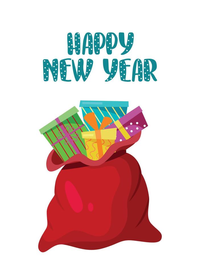 New Year greeting card. A large Santa Claus bag with gifts and a handwritten inscription Happy New Year. Vector