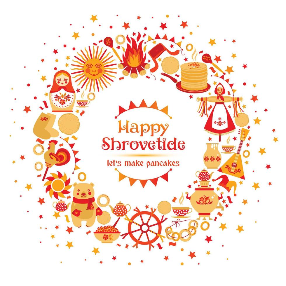 Vector set on the theme of the Russian holiday Carnival. Russian Shrovetide or Maslenitsa.