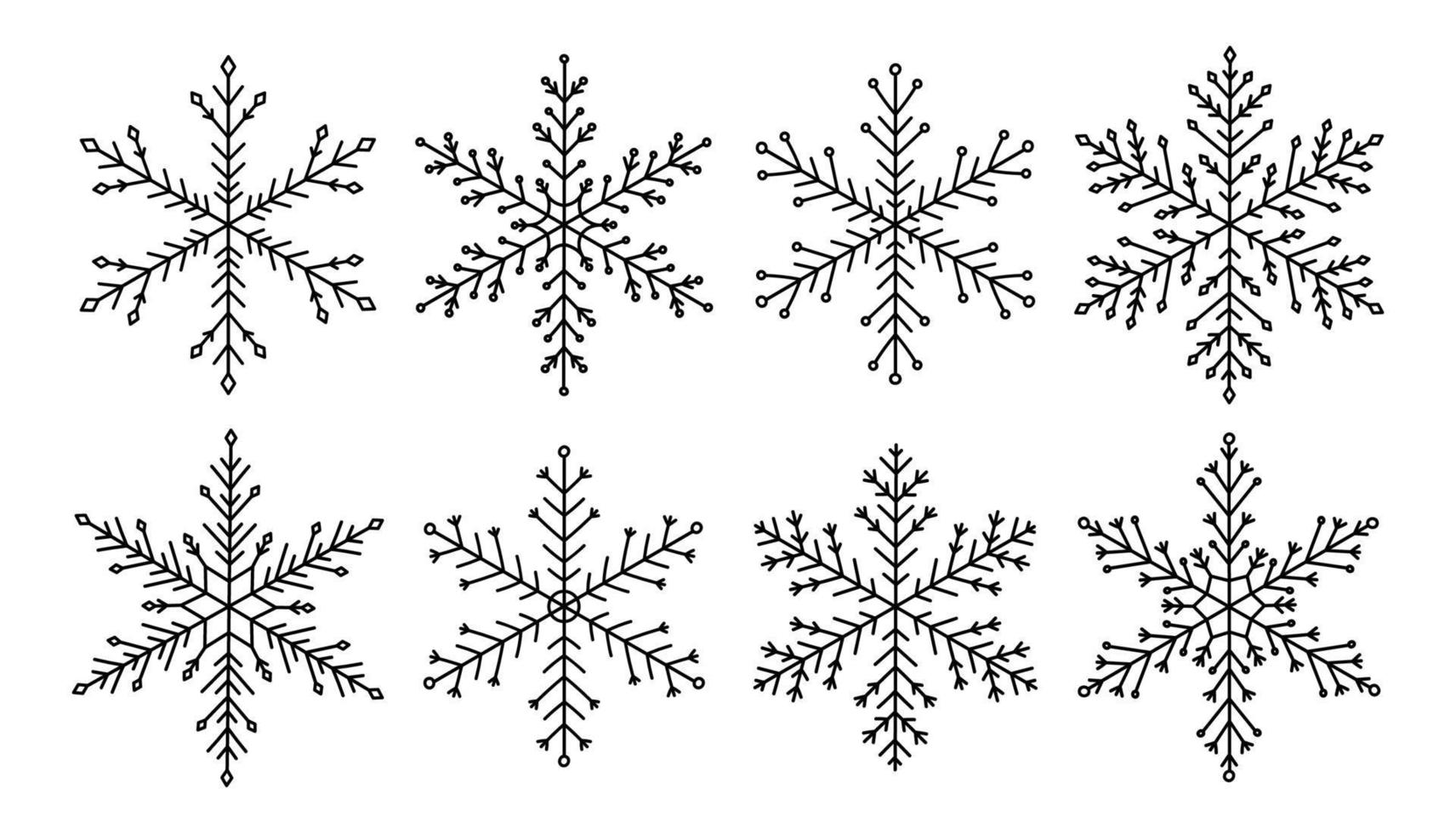 Set of snowflakes of different shapes isolated on a white background. Vector hand-drawn illustration in doodle style. Perfect for holiday and Christmas designs, cards, logo, decorations.