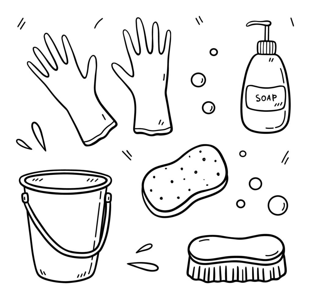 Doodle set of items for cleaning - bucket, rubber gloves, soap, sponge and scrub brush. Work equipment for keeping the house clean. Vector hand-drawn illustration isolated on white background.