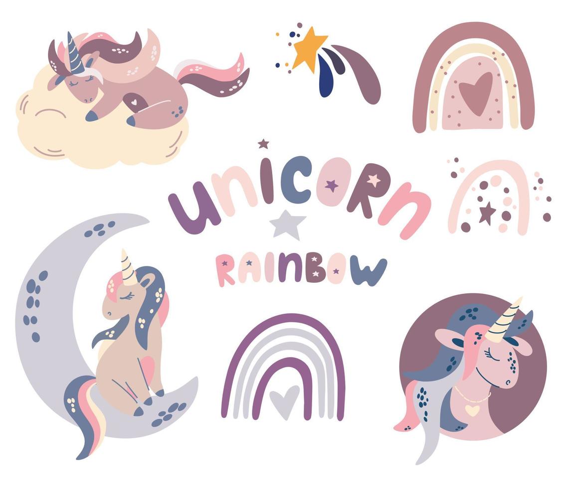 Unicorn and rainbow collection. Fantastic animal. Nursery prints. Perfect for the design of postcards, posters, covers, prints on children dishes, clothes. Cartoon Vector illustration.