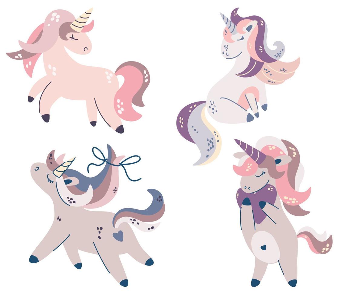 lindos unicornios. animal fantástico. impresiones de vivero. diseño para postales, carteles, camisetas, invitaciones, baby shower, cumpleaños, decoración de habitaciones. Dibujar a mano ilustración vectorial. vector