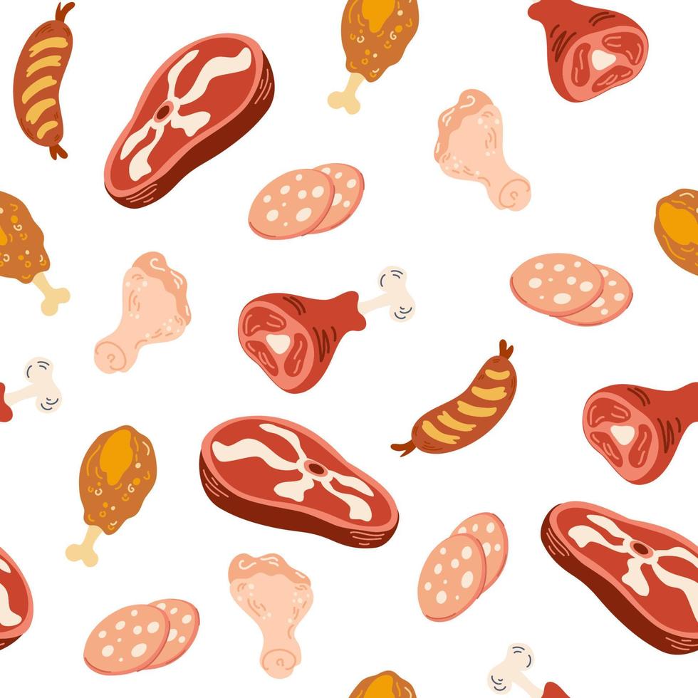 Meat products seamless pattern. Sausages, chicken, legs, steak, chop. Meat food background. For restaurants, shop menus, fabric, packaging, design or decor. Hand draw Vector illustration.